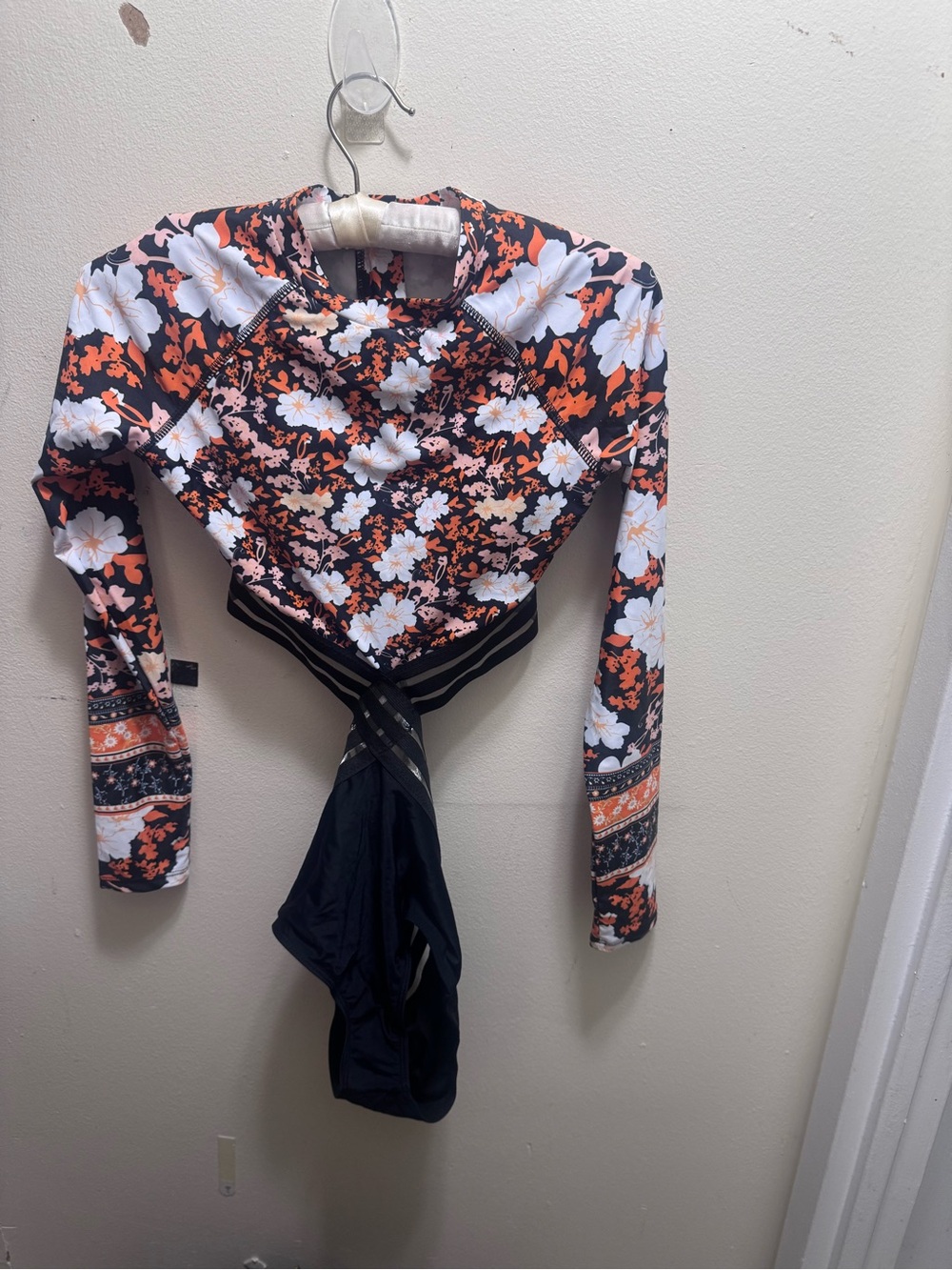 Long-Sleeve Floral One-Piece Swimsuit in Black & Orange size small